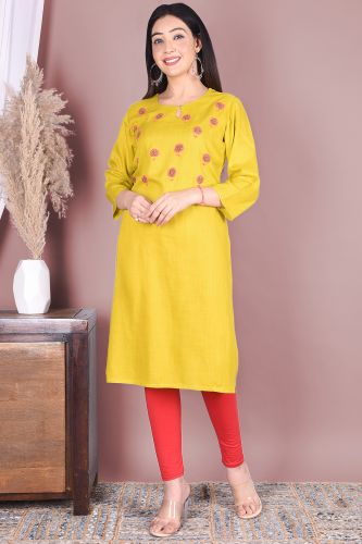 Mustard Rayon Handwork Straight-Fit Kurta