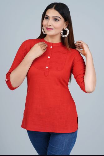 Red Solid Pleated Cotton Top