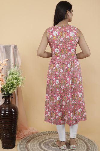 Premium Cotton Printed Sleeveless Pink A-Line Kurta