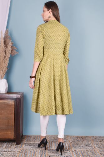 Green Floral Printed Flared A-Line Cotton Kurta