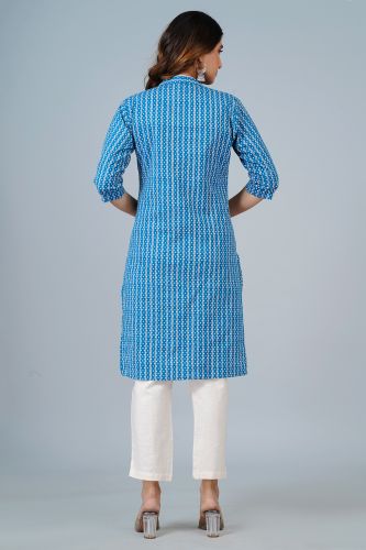 Blue Printed Straight Cotton Kurta