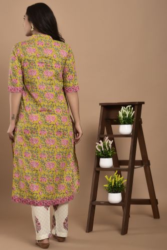 Lime Green and Pink Floral Printed A-Line Kurta with Printed Palazzo Pants Set