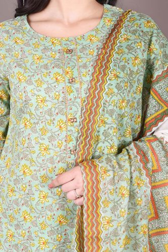Green Printed Cotton Kurta with Palazzo and a Dupatta
