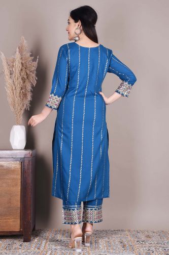 Blue Ethnic Kurta with Palazzo Pants and a Dupatta with Heavy Embroidery