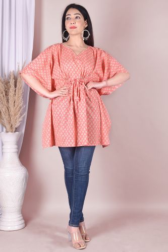 Peach Printed Kaftan Cotton Top