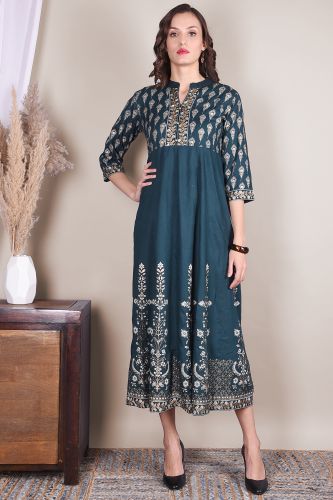 Premium Gold Printed Blue Rayon Kurta 