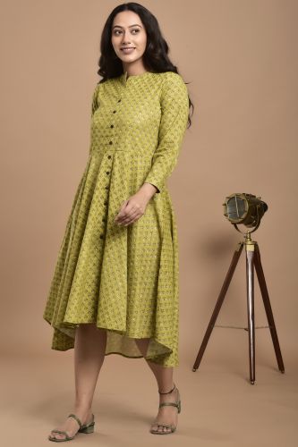 Green High-Low Printed Cotton A-Line Kurta