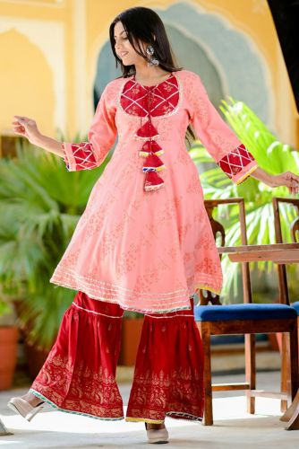 Premium Rayon Pink & Red Printed Flared Kurta with Printed Sharara and Dupatta
