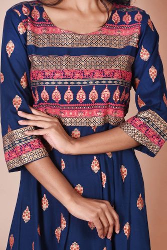 Royal Blue and Golden Printed Long Rayon Kurta