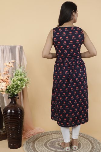 Navy Blue Floral Printed A-Line Flared Sleeveless Cotton Kurta