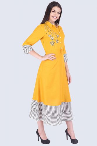 Embroidered Mustard Shirt Style Kurta