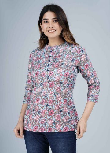 Multi Coloured Ethnic Printed Pleated Cotton Top