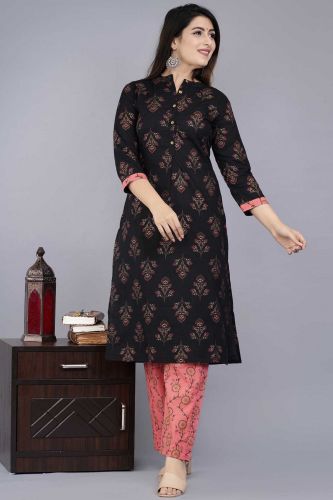 Black & Gold Printed Cotton Kurta Dupatta Set with Printed Cotton Pants