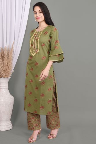 Green Lace Work Floral Printed Kurta With Palazzo