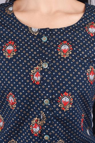 Navy Blue Printed Ethnic Cotton Kurta Trouser Set