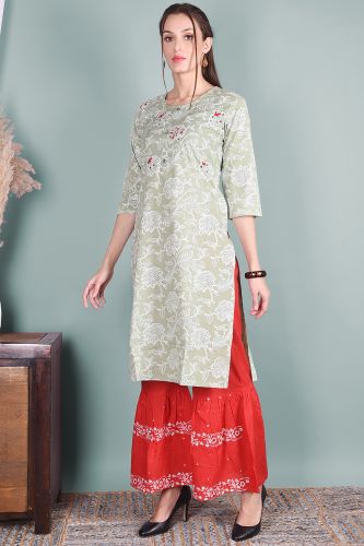 Handwork Pista Green Cotton Kurta with Red Printed Sharara