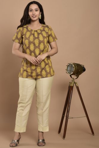 Brown and Mustard Printed Casual Cotton Top