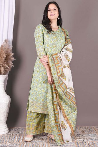 Green Printed Cotton Kurta With Palazzo & Dupatta