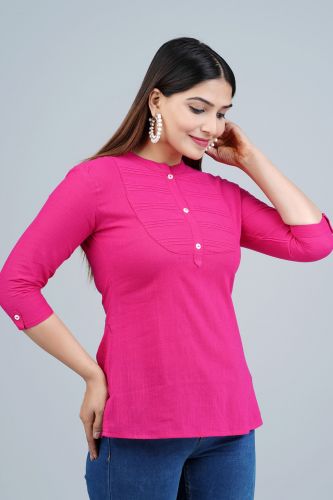 Pink Solid Pleated Cotton Top