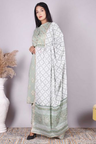 Pista Printed Straight-fit Cotton Kurta with Printed Palazzo Pants and a Dupatta