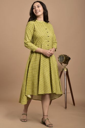 Green High-Low Printed Cotton A-Line Kurta