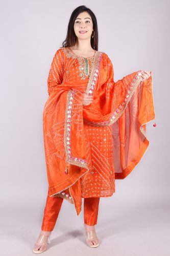 Cotton Silk Orange Bandhej Heavy Embroidery Kurta with Trouser and Dupatta