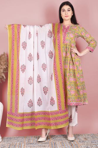 Premium Cotton Multicolor Floral Printed A-Line Kurta with Printed Palazzo & Dupatta