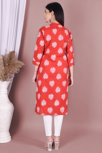 Red Leaf Print Straight Rayon Kurta