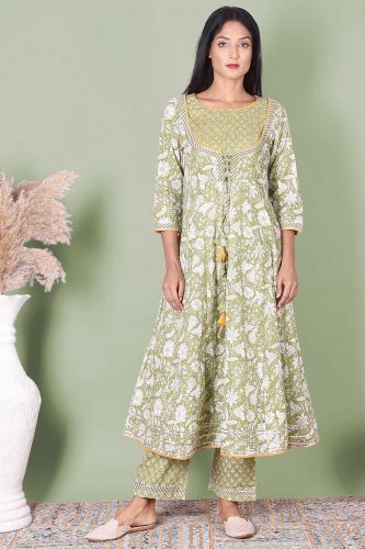 Green and White Printed Anarkali Cotton Kurta with Printed Palazzo Set