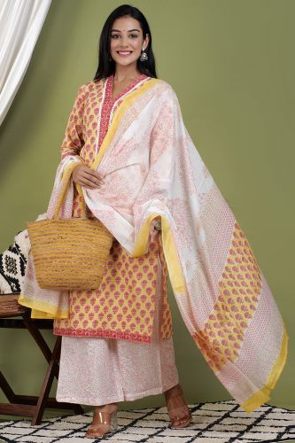 Yellow and White Cotton Printed Straight-Fit Kurta Palazzo with Dupatta