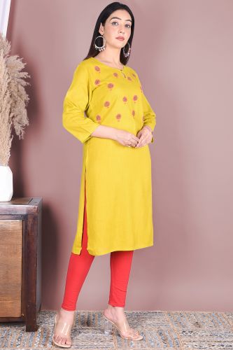 Mustard Rayon Handwork Straight-Fit Kurta