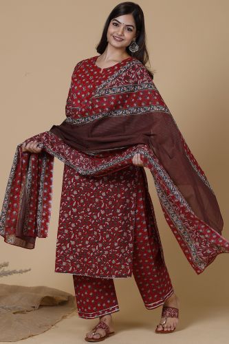 Maroon Floral Printed A-Line Cotton Kurta With Handwork, Printed Palazzo & Dupatta