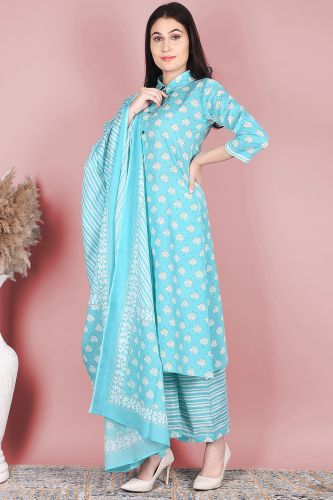 Sea Blue Printed Straight-Fit Cotton Kurta with Striped Palazzo & Dupatta