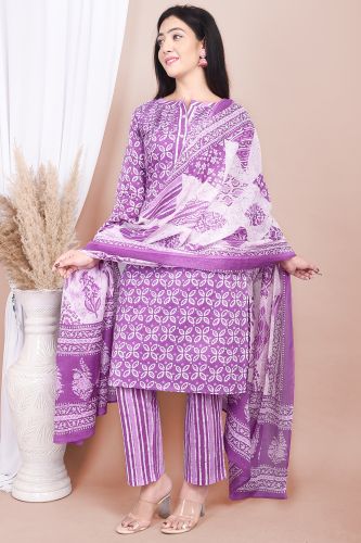 Premium Cotton Purple Pintex Kurta with Palazzo Pants and White Dupatta Ethnic Set