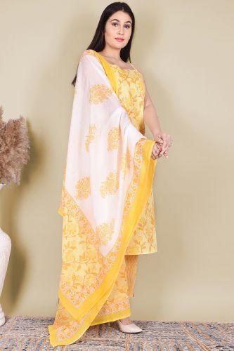 Yellow Printed with Sleeveless Cotton Kurta with Printed Pants and Dupatta