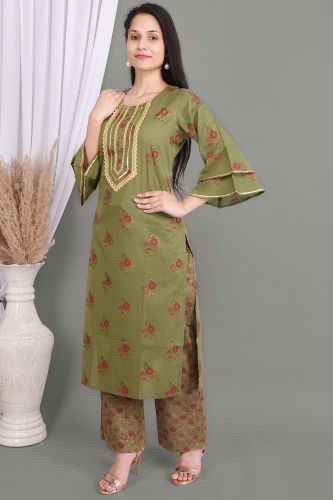 Green Lace Work Floral Printed Kurta With Palazzo