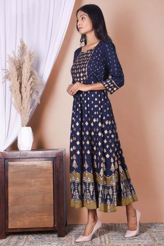 Blue & Golden Printed Rayon Kurta