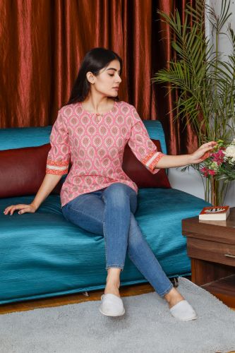 Pink Ethnic Printed Straight Cotton Top