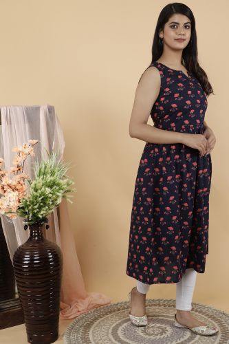 Navy Blue Floral Printed A-Line Flared Sleeveless Cotton Kurta