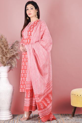 Red and White Printed Cotton Kurta with Striped Printed Palazzo Pants and a Dupatta