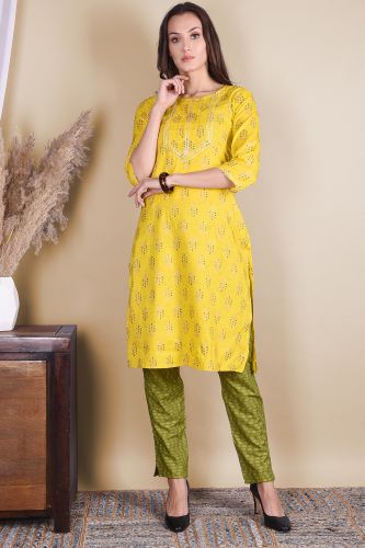 Yellow Printed Rayon Kurta With Green Printed Pants