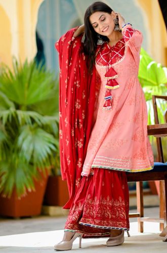 Premium Rayon Pink & Red Printed Flared Kurta with Printed Sharara and Dupatta