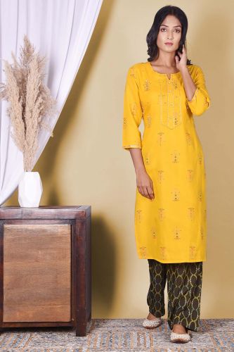 Mustard Printed Handwork Kurta With Printed Palazzo