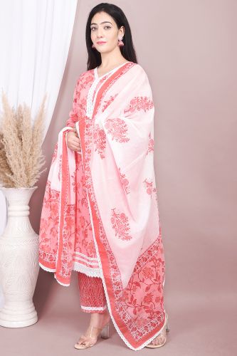 Premium Cotton Pink Kurta with Lace Work and Printed Palazzo Pant with White Dupatta