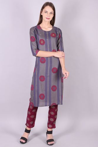 Gold Printed Blueish Grey Kurta with handwork and Gold Printed Palazzo