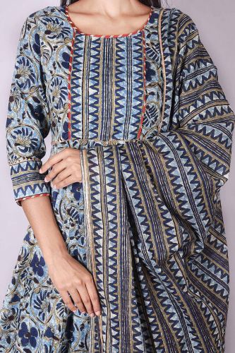 Blue Printed Anarkali Cotton Kurta with Printed Palazzo and Dupatta Set