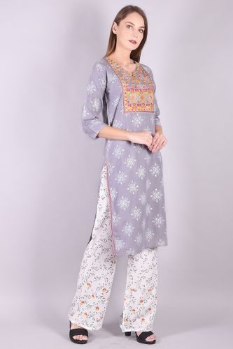 Embroidered Ash Printed Kurta Palazzo Set