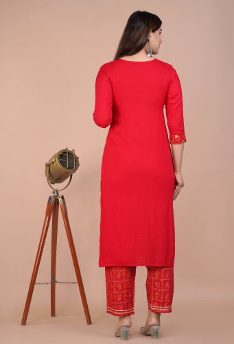 Ethnic Red Heavy Embroidered Kurta With Palazzo & Dupatta