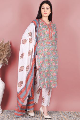 Grey Floral Printed Cotton Kurta with Printed Palazzo and a Dupatta Set