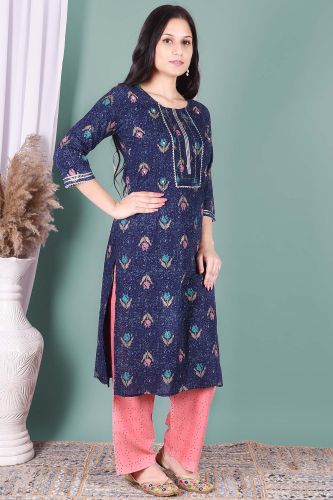 Navy Blue Printed Kurta with Peach Printed Palazzo Pants